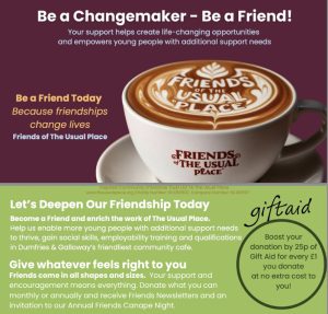 Cup of capuccino with artwork reading Friends of The Usual Place. Additional Text included in main page