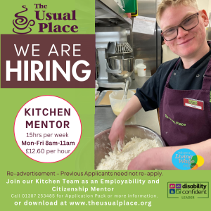 Young man smiling and mixing a cake batter.  He is wearing an apron and is in a professional kitchen.  Text reads We are hiring. Kitchen Mentor (see advert for full details)