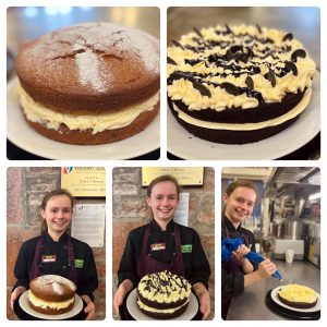 One of the volunteers with brown hair tied up in a bun wearing The Usual Place uniform. 5 photos are shown. One with a gluten free Victoria Sponge cake which the volunteer is holding (top and bottom left), and the other is a vegan Chocolate cake which the volunteer is also holding (top right and bottom centre). The bottom right picture is a process photo showing a vegan Ginger Sponge cake filling before the top sponge has been added. The volunteer is piping said filling onto the cake. All photos with the volunteer are shown with her looking into the camera and smiling.